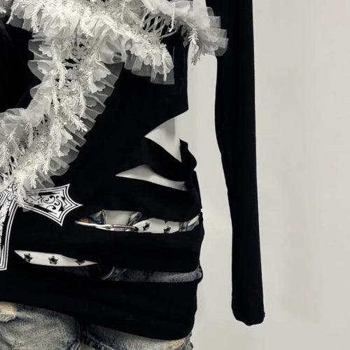 Load image into Gallery viewer, Y2k Aesthetic Fur Patchwork Skew Collar Sexy T-shirts Harajuku Lace Cross Slim Tops Women Streetwear Grunge Hollow Out Tees
