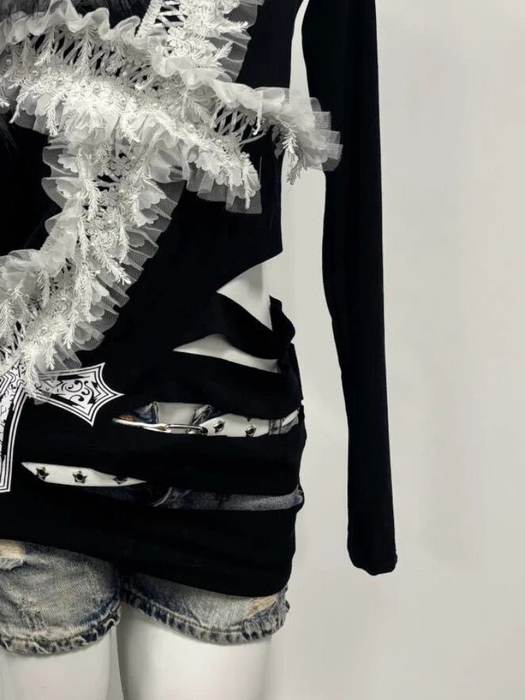 Y2k Aesthetic Fur Patchwork Skew Collar Sexy T-shirts Harajuku Lace Cross Slim Tops Women Streetwear Grunge Hollow Out Tees