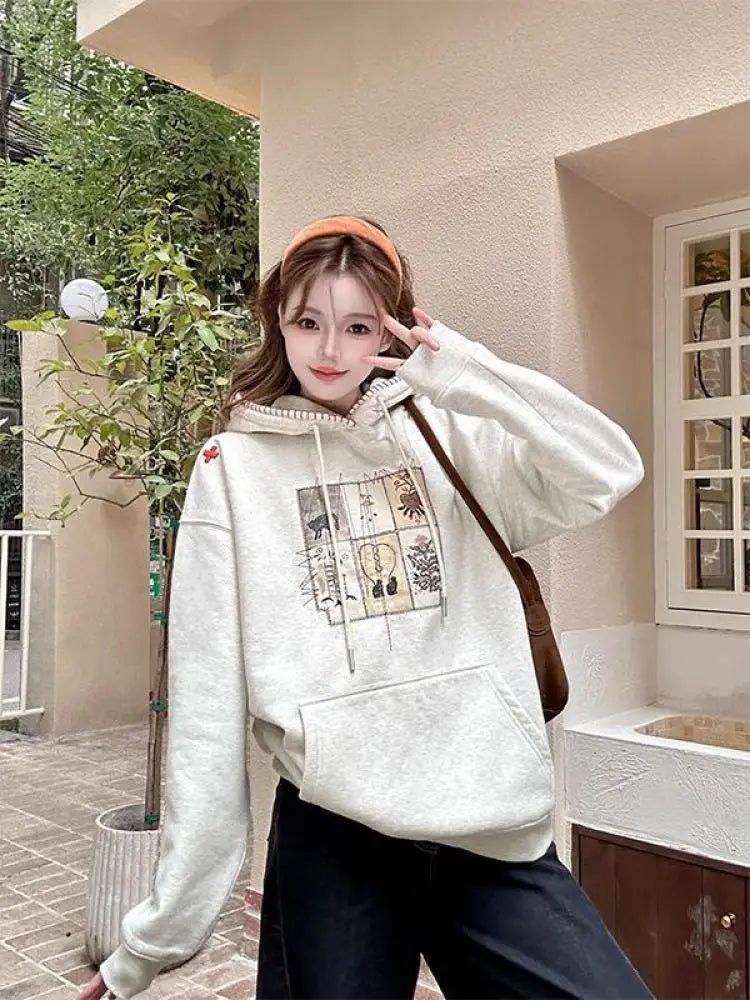 Autumn Winter 2025 Beige Velvet Embroidered Elegant Pullover Fashion Short Hooded Sweatshirt Women Trendy Long Sleeve Tops Retro