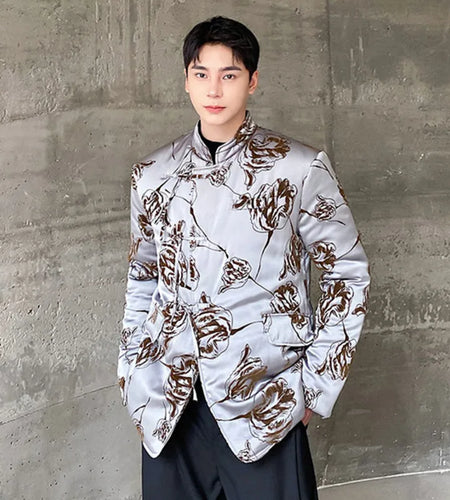 Chinese Style Men's Padded Jackets Printing Contrast Color Stand Collar Knot Button Casual Male Cotton Coats Winter 9C8956