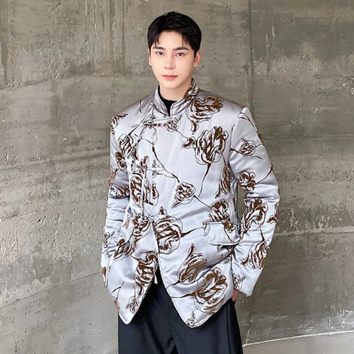 Load image into Gallery viewer, Chinese Style Men&#39;s Padded Jackets Printing Contrast Color Stand Collar Knot Button Casual Male Cotton Coats Winter 9C8956
