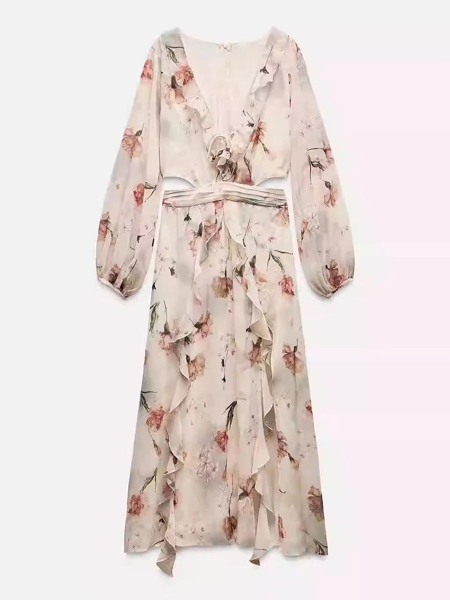 Hit Color Spliced Appliques Loose Dresses For Women V Neck Long Sleeve High Waist Temperament Dress Female Fashion