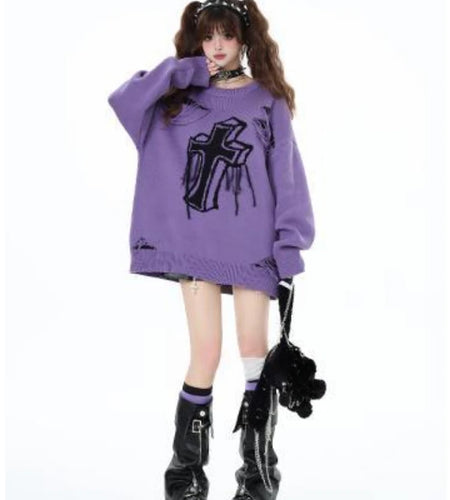 Harajuku Vintage Jacquard Knitted Sweater Women Causal Loose Y2k Aesthetic Pullover 2025 Antumn Hollow Out Tassels Jumpers Tops