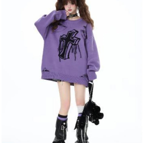 Load image into Gallery viewer, Harajuku Vintage Jacquard Knitted Sweater Women Causal Loose Y2k Aesthetic Pullover 2025 Antumn Hollow Out Tassels Jumpers Tops
