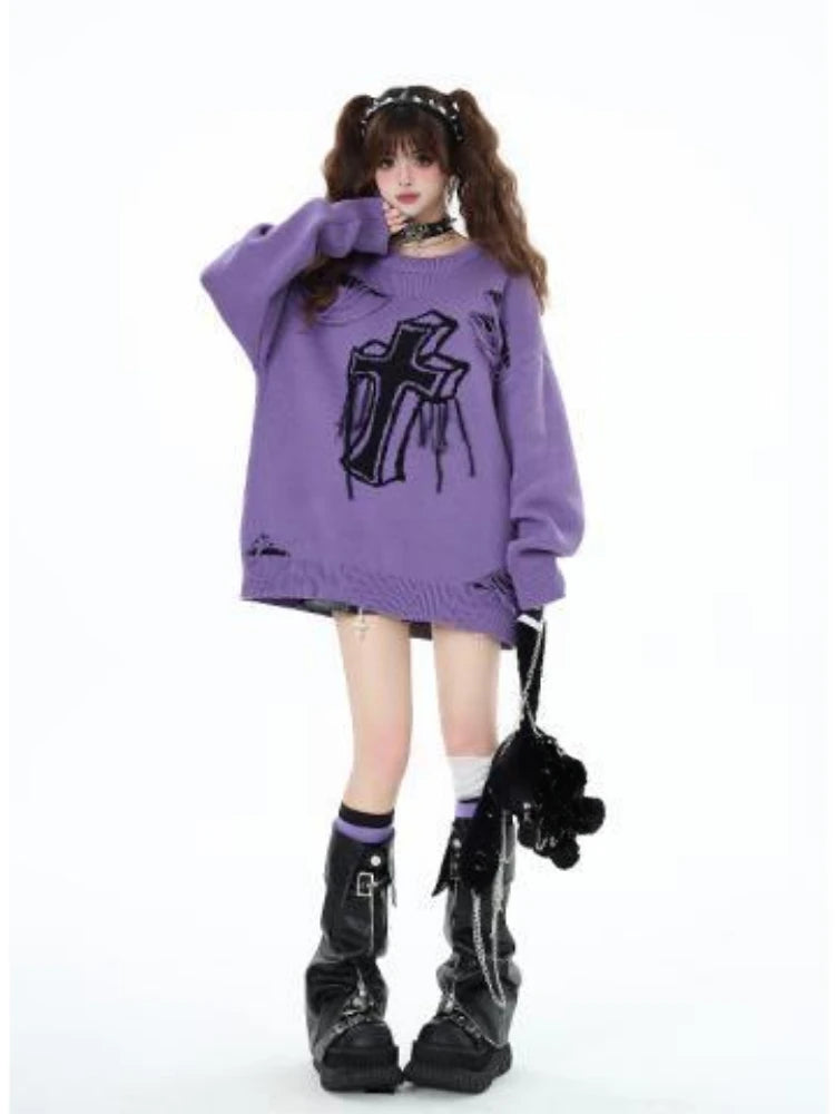 Harajuku Vintage Jacquard Knitted Sweater Women Causal Loose Y2k Aesthetic Pullover 2025 Antumn Hollow Out Tassels Jumpers Tops