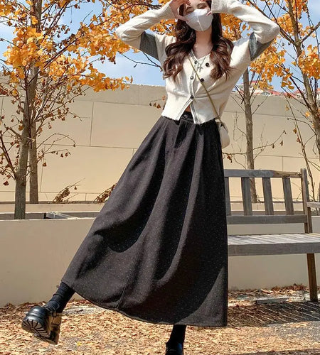 French Vintage Women Polka Dot Elegant High Waist Party Long Skirts 2024 Autumn Winter Woolen A-line Pleated Half Skirt Fashion
