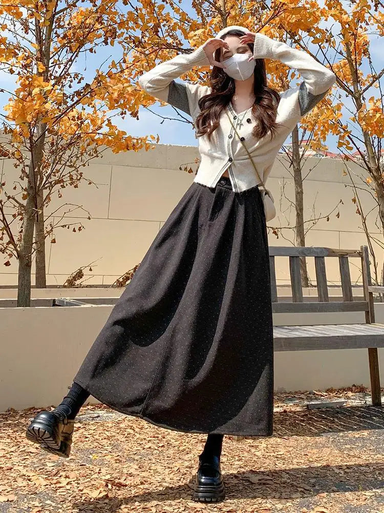 French Vintage Women Polka Dot Elegant High Waist Party Long Skirts 2024 Autumn Winter Woolen A-line Pleated Half Skirt Fashion