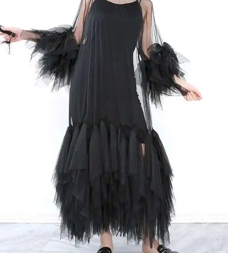 Women Black Ruffles Long Big Size Dress New Round Neck Three-quarter Sleeve Loose Fit Fashion Spring Summer 2025 JR77101