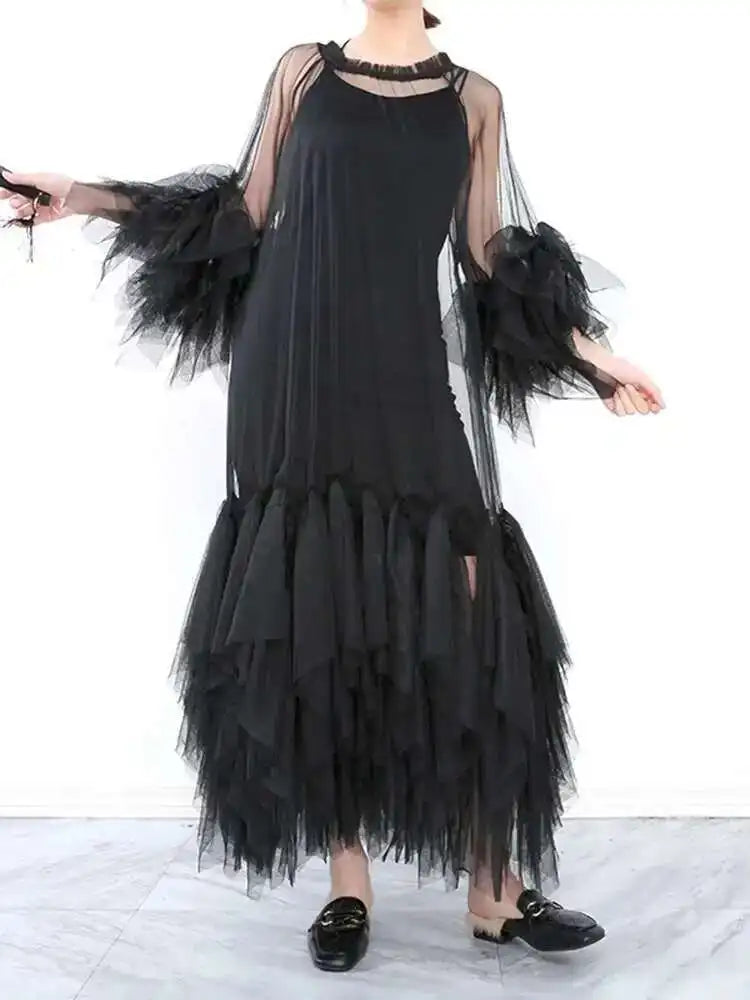 Women Black Ruffles Long Big Size Dress New Round Neck Three-quarter Sleeve Loose Fit Fashion Spring Summer 2025 JR77101