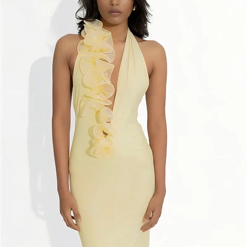 Load image into Gallery viewer, Mesh Rose Deep V Neck Sexy Maxi Dress For Women Gown Elegant Halter Sleeveless Backless Bodycon Club Party Long Dress
