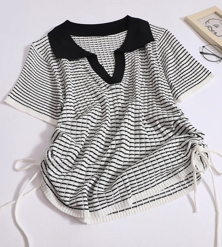 Summer New Colorblock Stripes Drawstring Lace-up T-shirt Korean Short-sleeved Lapel Patchwork Knitted Pullover Tops Women's Chic