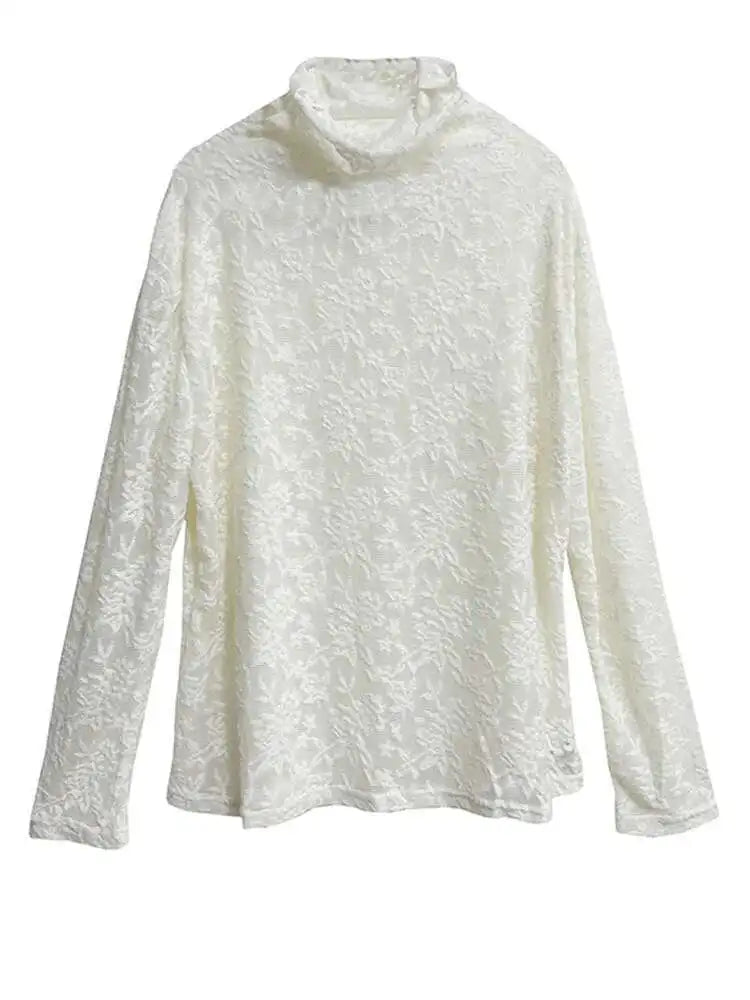 Women Black Thin Lace Perspective Elegant Big Size T-shirt New Turtleneck Long Sleeve Fashion Spring Autumn 2025 1DH7141