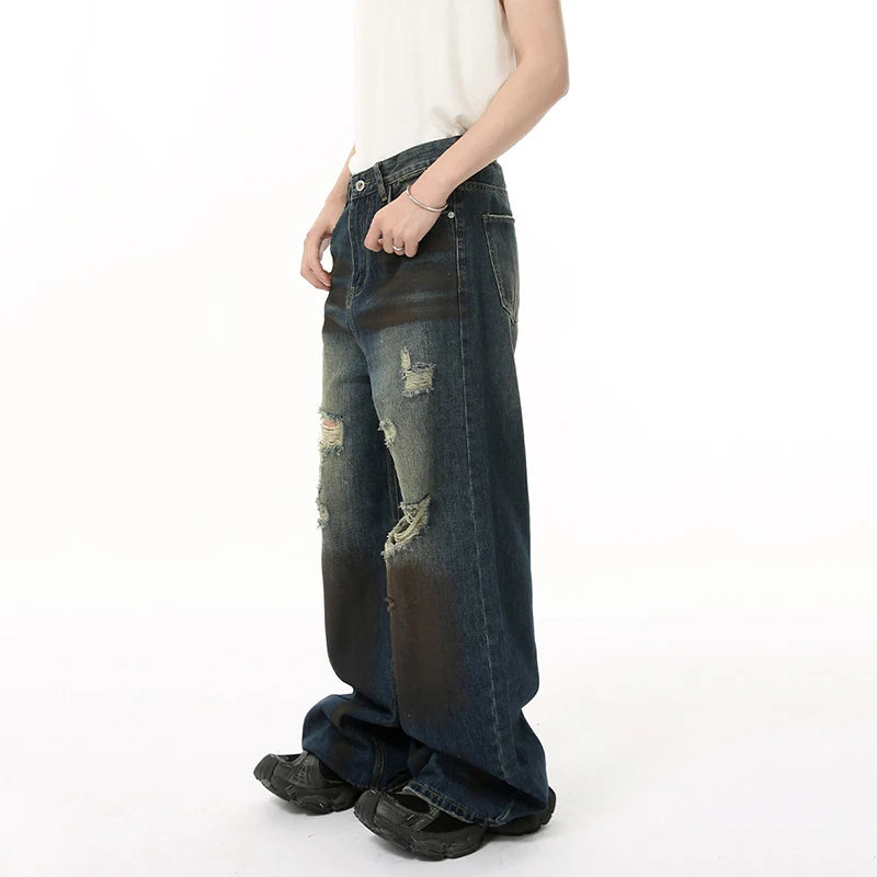High Street Men's Denim Pants New Worn-out Contrast Color Wide Leg Jeans Hole Straight Personailty Male Trousers 9W1839