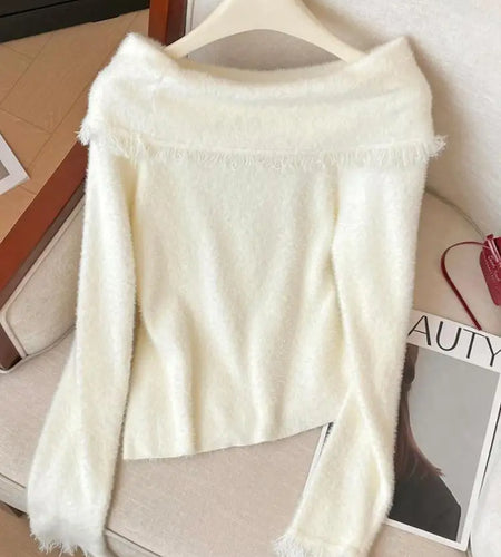 Korean Fashion Autumn Winter White Tassels Elegant Long Sleeves Knit Sweater Women's Office Pullover Short Tops Streetwear Trend