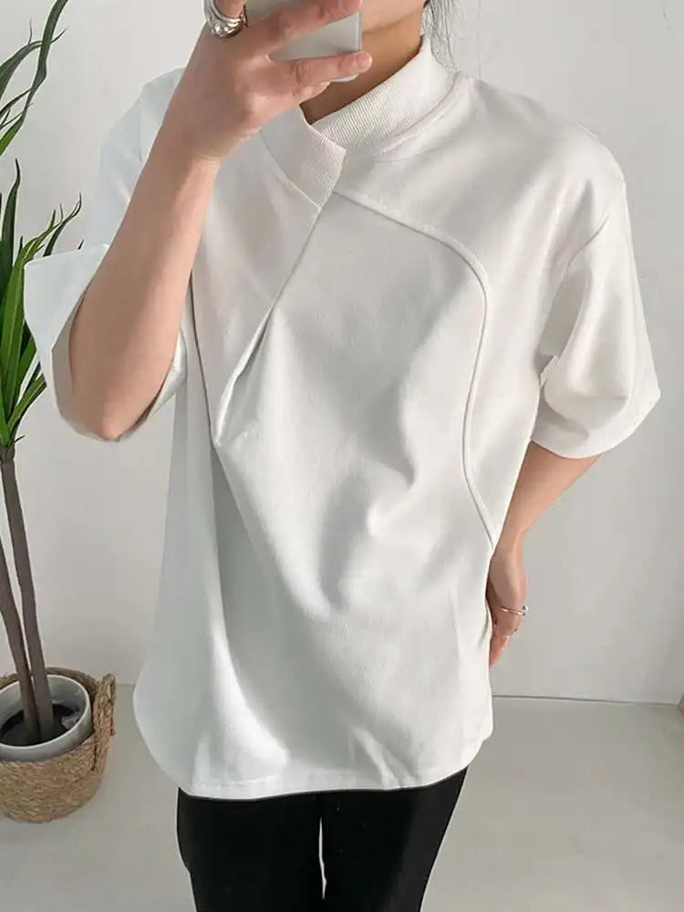 Women White Irregular Big Size Personality T-shirt New Round Neck Half Sleeve Fashion Tide Spring Summer 2025 1DF6438