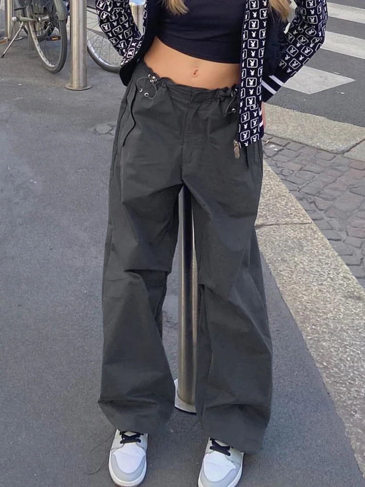 Streetwear Drawstring Low Waist Women Trousers Casual Solid Joggers Shirring Harajuku Baggy Pants Track Retro Outfits