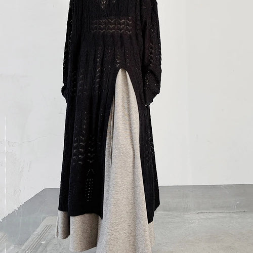 Load image into Gallery viewer, Women Black Big Size  Hollow Out Long Sweater Dress New Round Neck Long Sleeve Fashion Tide Spring Autumn 2025 1DJ0404
