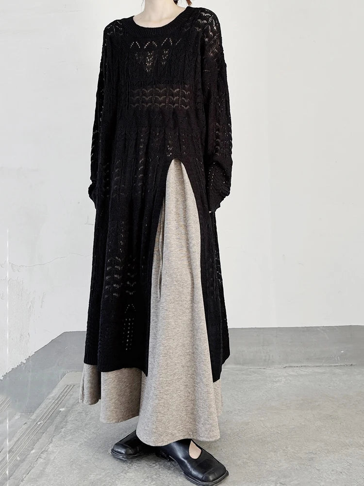 Women Black Big Size  Hollow Out Long Sweater Dress New Round Neck Long Sleeve Fashion Tide Spring Autumn 2025 1DJ0404