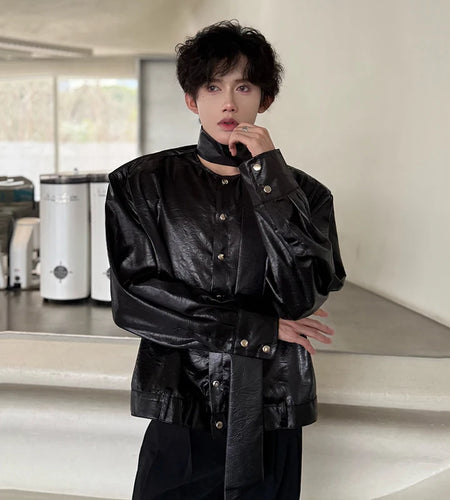 Men's Shirts Long Sleeve New Spring Ribbon Design Solid Color Loose Korean Style Single Breasted Shirt Personality 9W1757