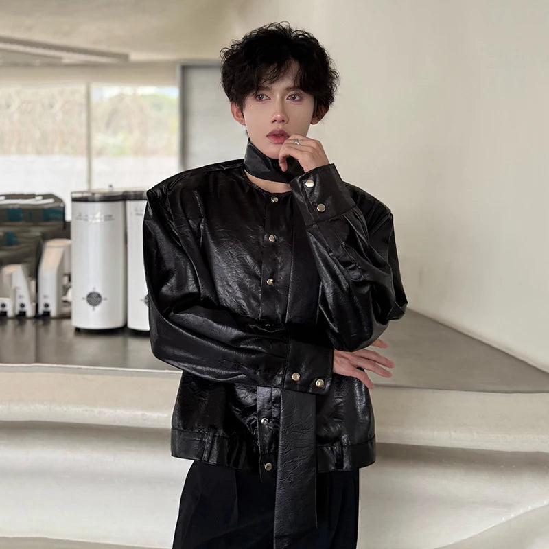 Men's Shirts Long Sleeve New Spring Ribbon Design Solid Color Loose Korean Style Single Breasted Shirt Personality 9W1757