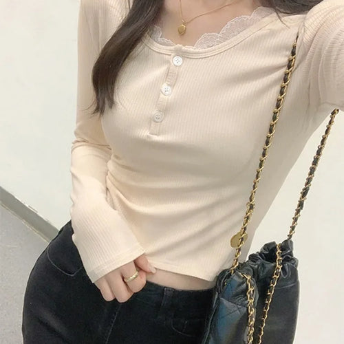 Load image into Gallery viewer, Fake Two Pieces Sweet Lace Patchwork Women T-shirt Slim Y2k Aesthetic Bottoming Crop Top Harajuku Single Breasted Grunge Tees
