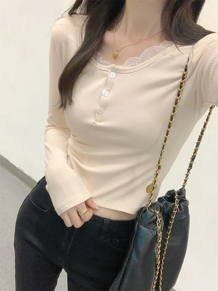 Fake Two Pieces Sweet Lace Patchwork Women T-shirt Slim Y2k Aesthetic Bottoming Crop Top Harajuku Single Breasted Grunge Tees