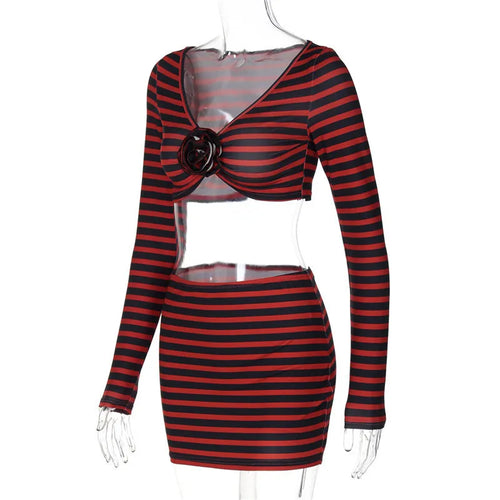 Load image into Gallery viewer, Striped Print Sexy Two Piece Set Women Floral V Neck Long Sleeve T-shirt And Mini Skirt Matching Set Sexy Two Piece Set
