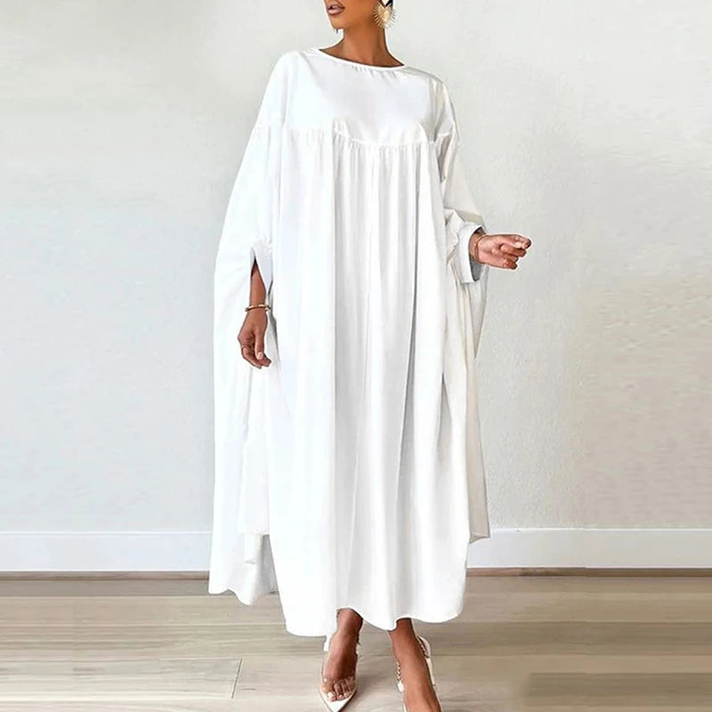 Women’s Oversieze Batwing Sleeves Simple White Maxi Dresses Autumn Spring Casual Round-neck Loose Muslim Woman Dresses