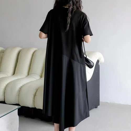 Load image into Gallery viewer, Women Black Irregular Spliced Big Size Casual Dress New Round Neck Short Sleeve Fashion Tide Spring Summer 2025 1DJ1188
