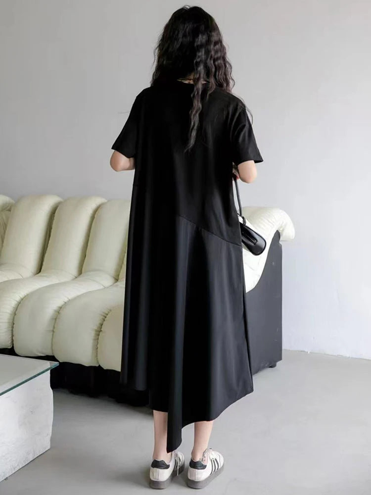 Women Black Irregular Spliced Big Size Casual Dress New Round Neck Short Sleeve Fashion Tide Spring Summer 2025 1DJ1188
