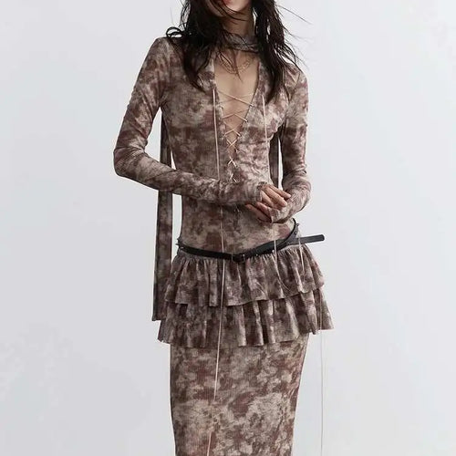 Load image into Gallery viewer, Women Beige Hollow Out Bandge Ruffles Long Elegant Dress New V-Neck Long Sleeve Fashion Tide Spring Autumn 2025 1DH4719
