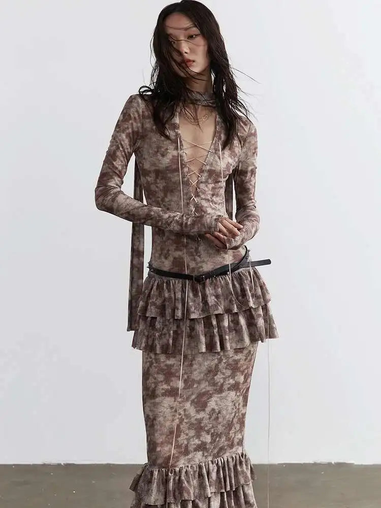 Women Beige Hollow Out Bandge Ruffles Long Elegant Dress New V-Neck Long Sleeve Fashion Tide Spring Autumn 2025 1DH4719