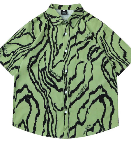 Vintage Hawaiian Shirts Irregular Stripes Graphic Printed Button Up Blouse Hip Hop Casual Baggy Short Sleeve Summer Beach Tops