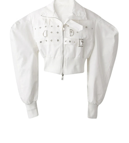 White Metal Circle Buckle Shaped Short Jacket New Lapel Long Sleeve Women Coat Fashion Tide Spring Autumn 2025 19ZZ1557