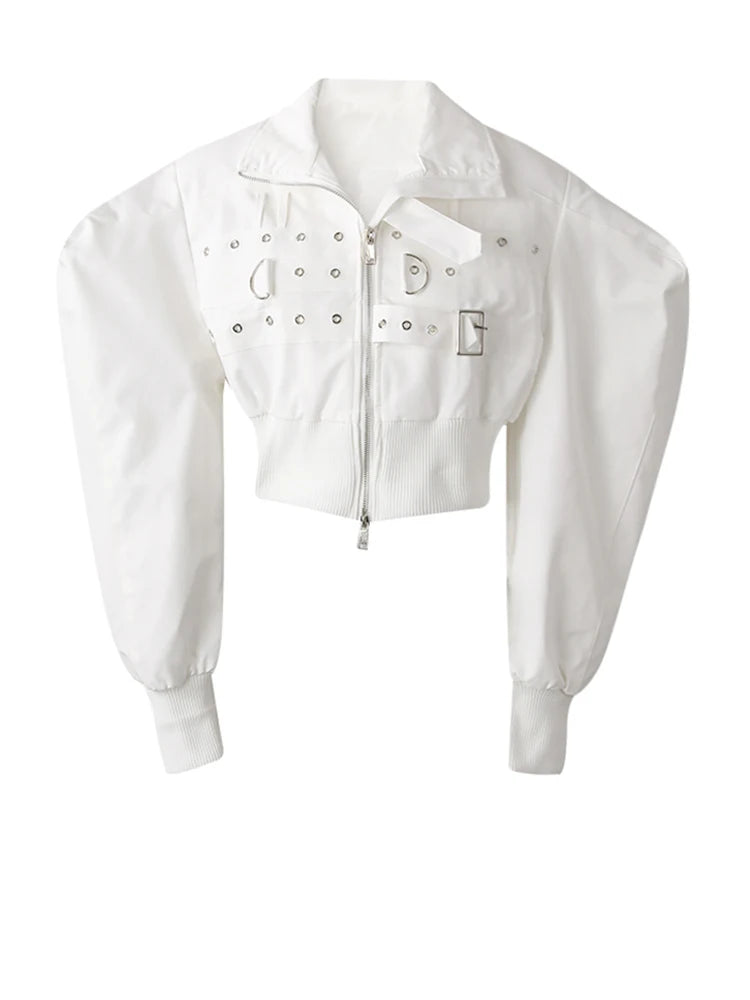 White Metal Circle Buckle Shaped Short Jacket New Lapel Long Sleeve Women Coat Fashion Tide Spring Autumn 2025 19ZZ1557