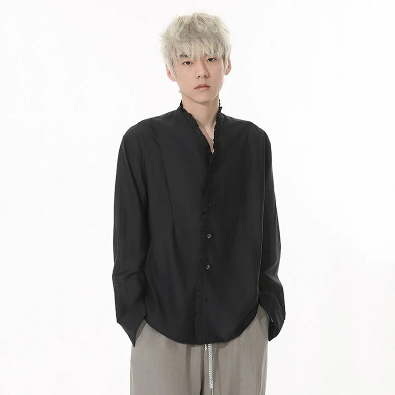 Niche Design Men's Shirts Pleated Lacework Design Solid Color Casual Tops Long Sleeve Single Breasted Loose Menswear 9W1254