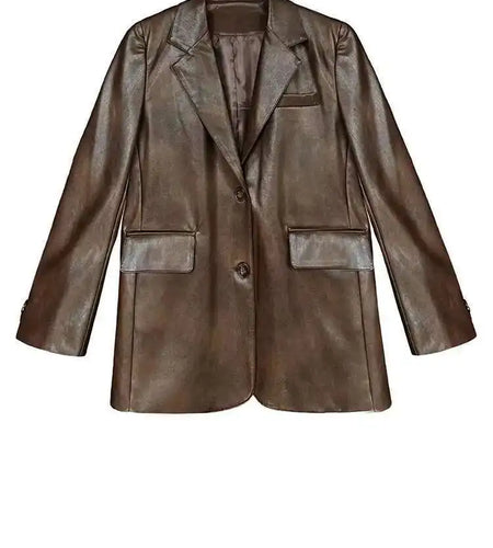 Coffee Brief Big Size Casual PU Leather Jacket New Lapel Long Sleeve Women Coat Fashion Tide Spring Autumn 2025 1DH9978