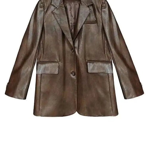 Load image into Gallery viewer, Coffee Brief Big Size Casual PU Leather Jacket New Lapel Long Sleeve Women Coat Fashion Tide Spring Autumn 2025 1DH9978
