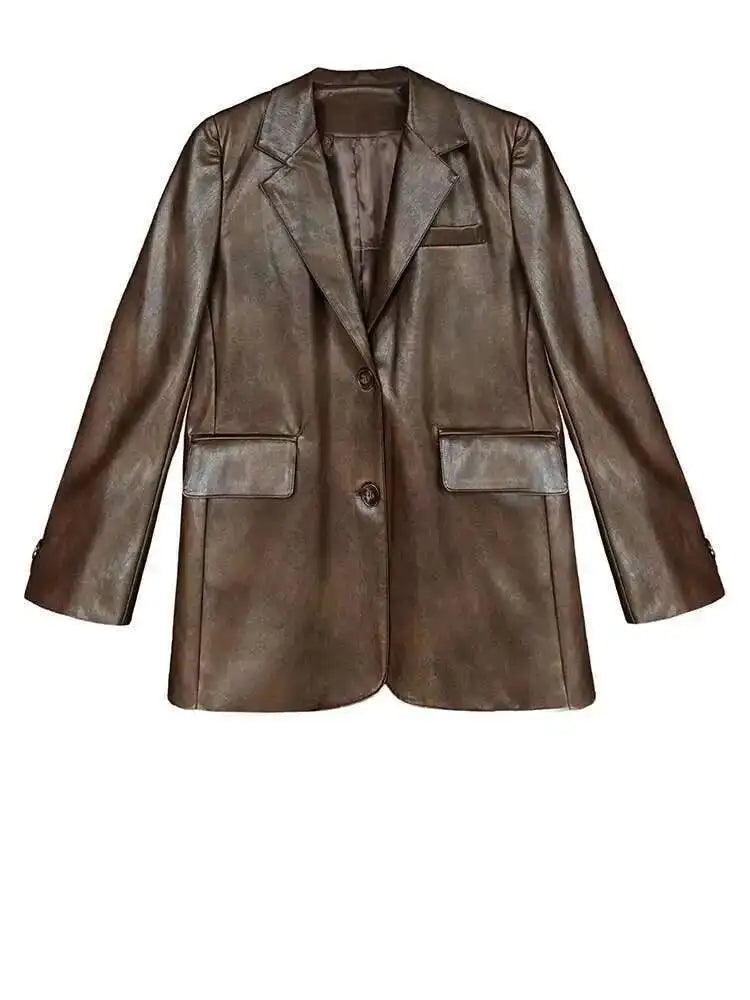 Coffee Brief Big Size Casual PU Leather Jacket New Lapel Long Sleeve Women Coat Fashion Tide Spring Autumn 2025 1DH9978