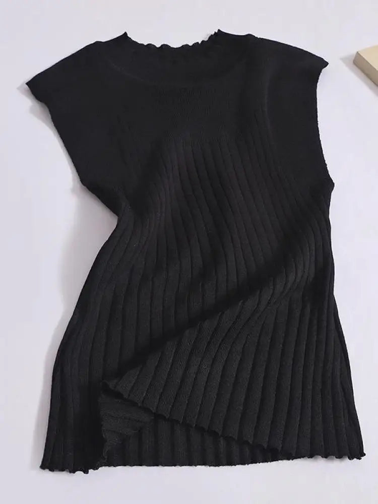 Korean Women Solid Striped Round Neck Knitted Vest 2024 Summer Sleeveless Basic Pullover Tank Tops Versatile Streetwear clothes