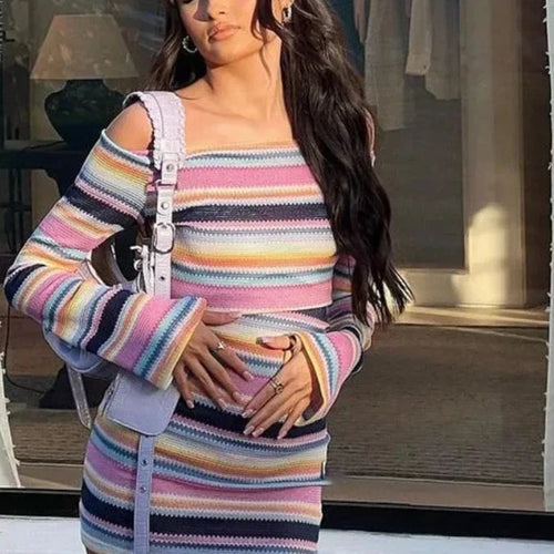 Load image into Gallery viewer, Striped Knitted Sexy Bodycon Dress Autumn 2023 Fashion Women Clothes Off Shoulder Long Sleeve Mini Dresses C85-BI19
