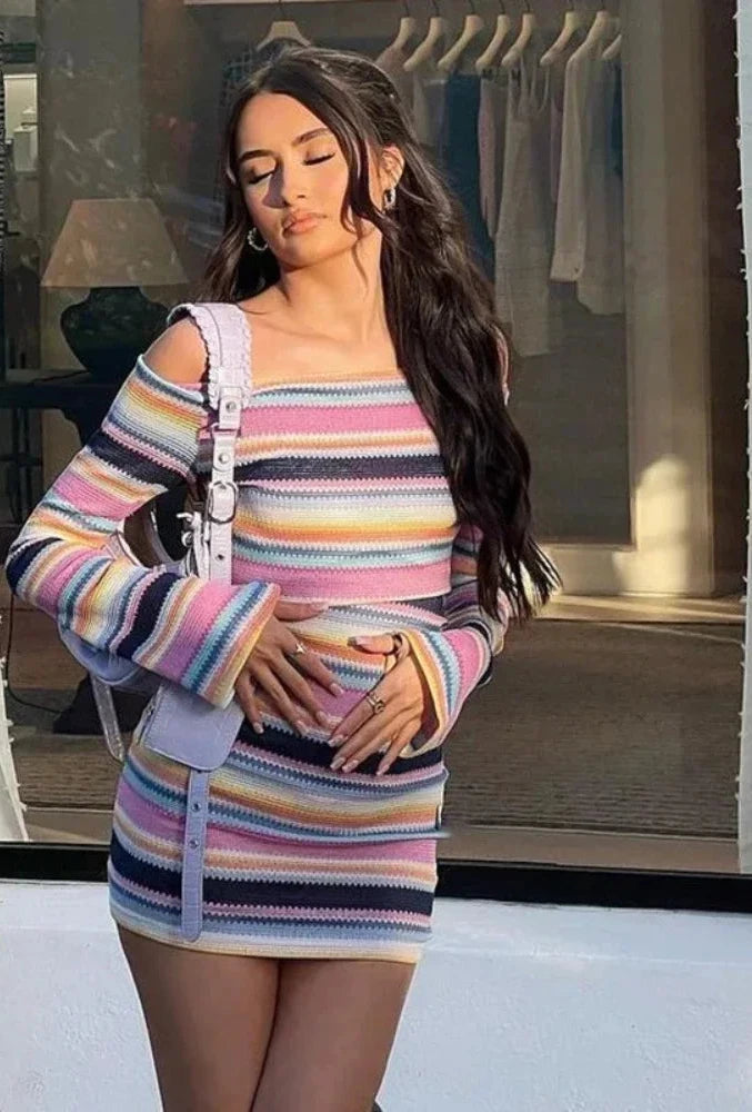 Striped Knitted Sexy Bodycon Dress Autumn 2023 Fashion Women Clothes Off Shoulder Long Sleeve Mini Dresses C85-BI19