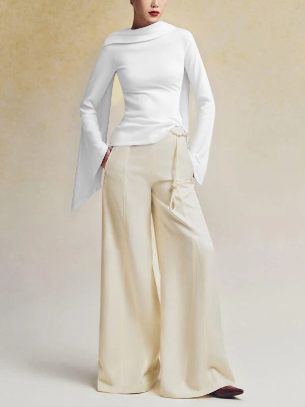 Autumn Winter Women's Solid Pullovers Tops 2024 New Fashion Flared Sleeves Long Sleeves Zipper Boat Neck Warmth Originality Tops