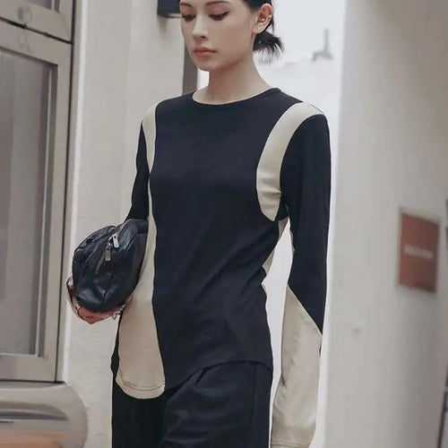 Load image into Gallery viewer, Women Black Apricot Color-block Big Size Casual T-shirt New Round Neck Long Sleeve Fashion Tide Spring Autumn 2025 1DF5723
