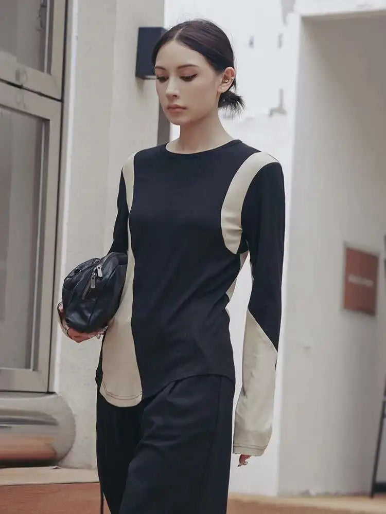 Women Black Apricot Color-block Big Size Casual T-shirt New Round Neck Long Sleeve Fashion Tide Spring Autumn 2025 1DF5723
