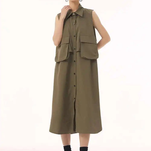 Load image into Gallery viewer, Women Black Shaped Pockets Big Size Midi Shirt Vest Dress New Lapel Sleeveless Fashion Tide Spring Autumn 2025 1DH9471
