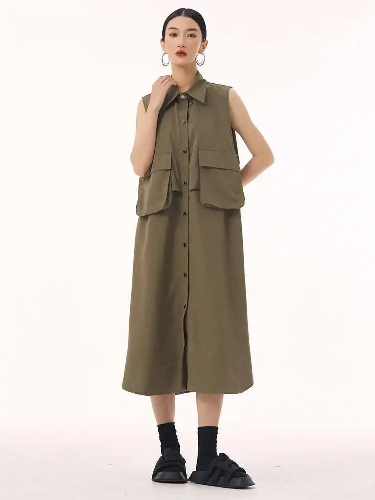 Women Black Shaped Pockets Big Size Midi Shirt Vest Dress New Lapel Sleeveless Fashion Tide Spring Autumn 2025 1DH9471