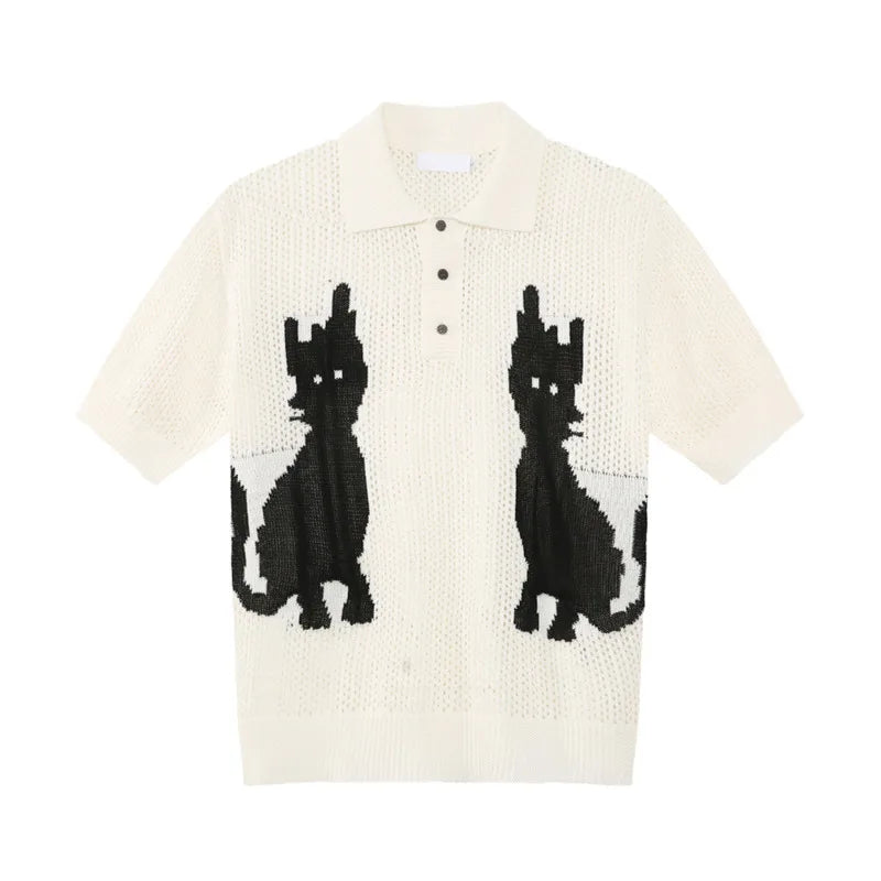 Contrast Color Men's Tees Cartoon Design Niche Turn-down Collar Knitting Tops Short Sleeve Casual Male T-shirts Tide 9W1255