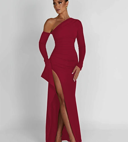 Autumn Sexy Fashion Long Sleeve High Split Women's Dress Oblique Shoulder Elegant Party Club Long Slim Fit Evening Dress