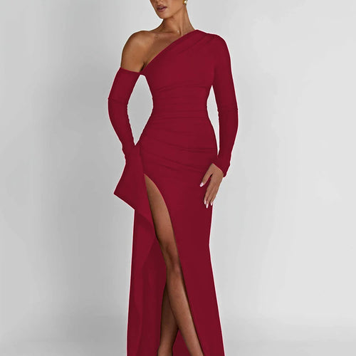 Load image into Gallery viewer, Autumn Sexy Fashion Long Sleeve High Split Women's Dress Oblique Shoulder Elegant Party Club Long Slim Fit Evening Dress

